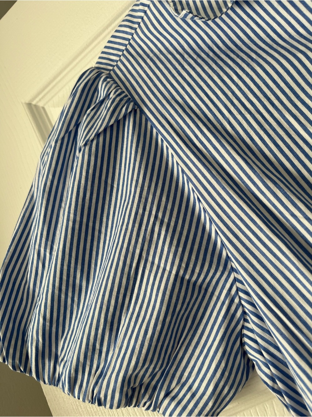 J. Crew Blue and White Striped Puff-Sleeve Shirt Dress with Drawstring - Picture 4 of 11